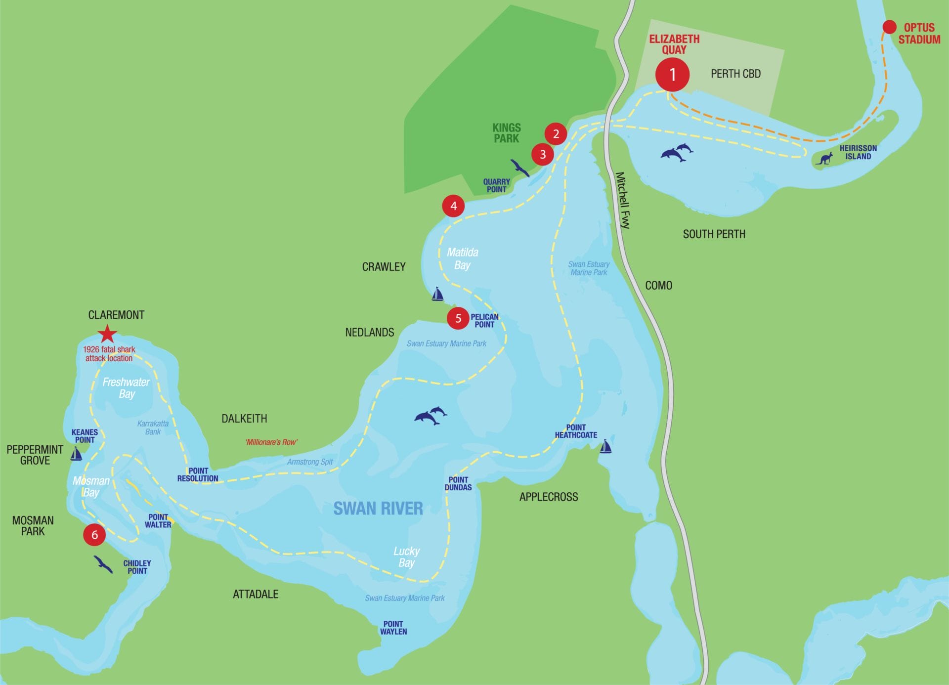 Swan River Cruise Tour Map